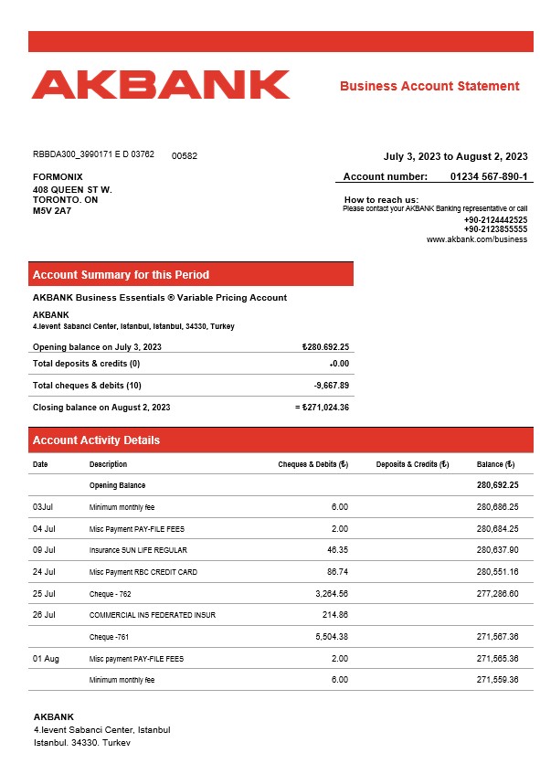 Modèle Word et PDF de relevé de compte d'entreprise Akbank
